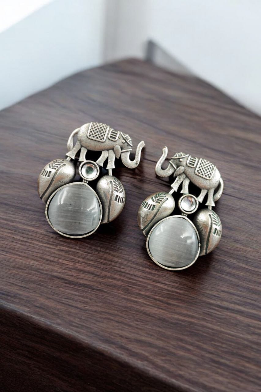 Traditional Silver Replica Elephant Design Earrings - Best Monalisa Stone Stud - Image 9