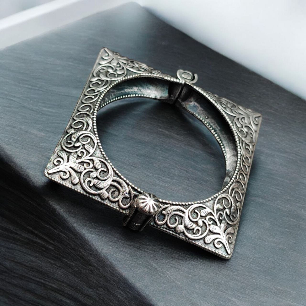 Antique Kada | Silver Replica Bangles | Best Traditional Silver Square Bracelets - Image 3