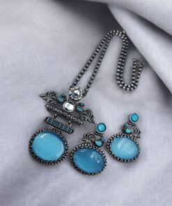 Alternative view of Silver Replica Pendant Set | Unique Peacock Design Monalisa Stone Necklace