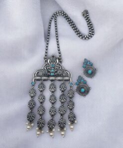 Alternative view of Oxidized Elephant Necklace Set | Unique Long Dangler Silver Touch Jewelry