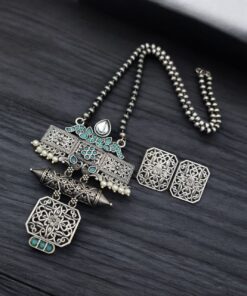 Silver Look Necklace Set | Premium Unique Oxidized Pendant With Earrings