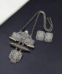 Alternative view of Silver Look Necklace Set | Premium Unique Oxidized Pendant With Earrings