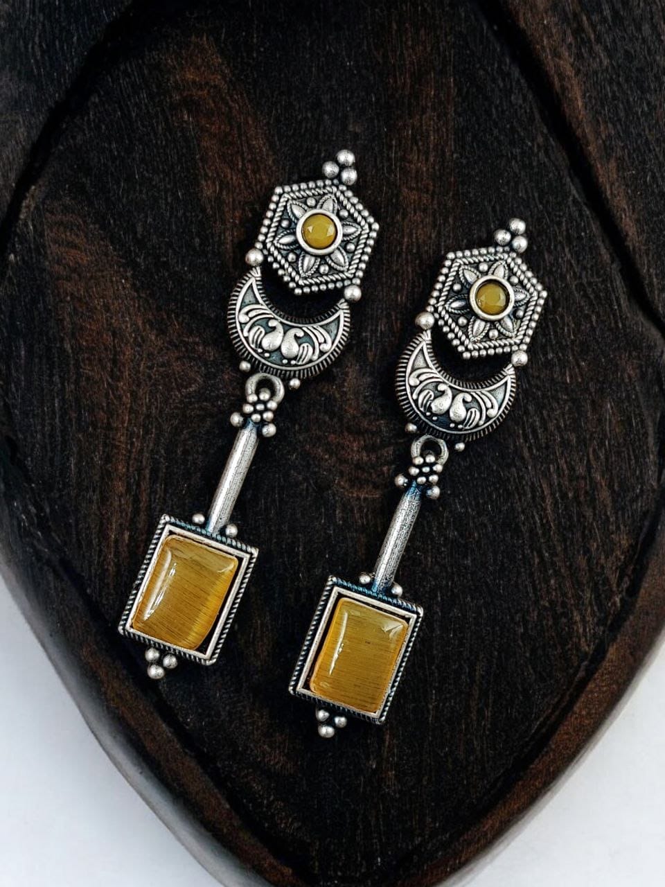 Traditional Silver Replica Earrings | Best Oxidized Dangler Stone Earring - Image 2