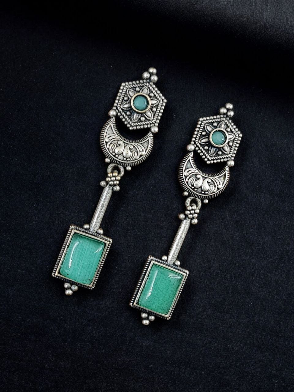 Traditional Silver Replica Earrings | Best Oxidized Dangler Stone Earring - Image 3
