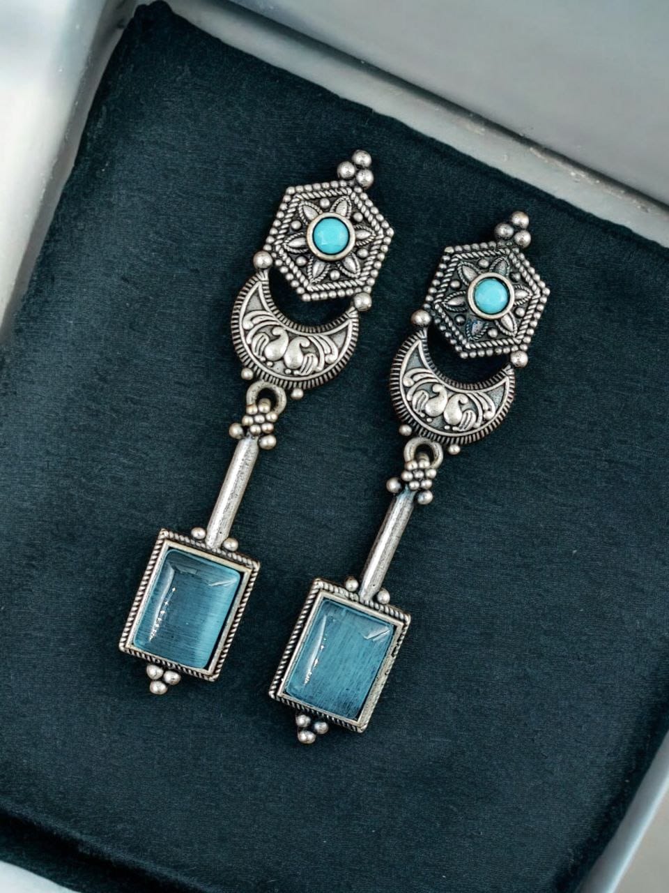 Traditional Silver Replica Earrings | Best Oxidized Dangler Stone Earring - Image 5
