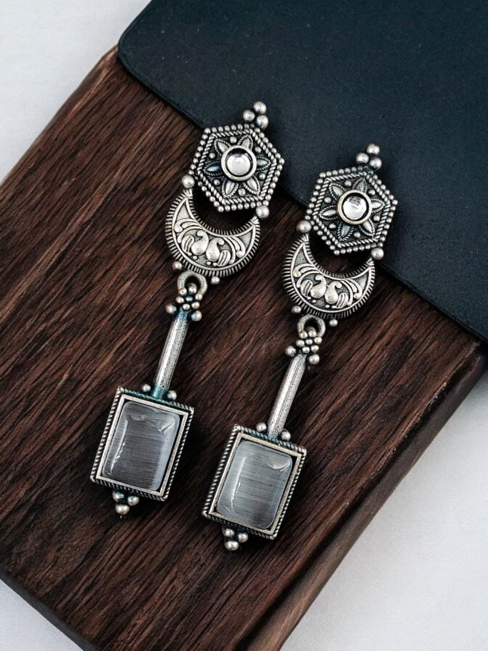 Traditional Silver Replica Earrings | Best Oxidized Dangler Stone Earring - Image 6