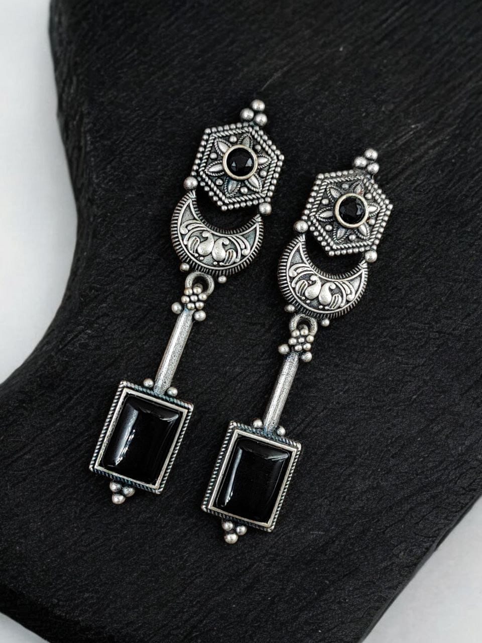 Traditional Silver Replica Earrings | Best Oxidized Dangler Stone Earring - Image 4