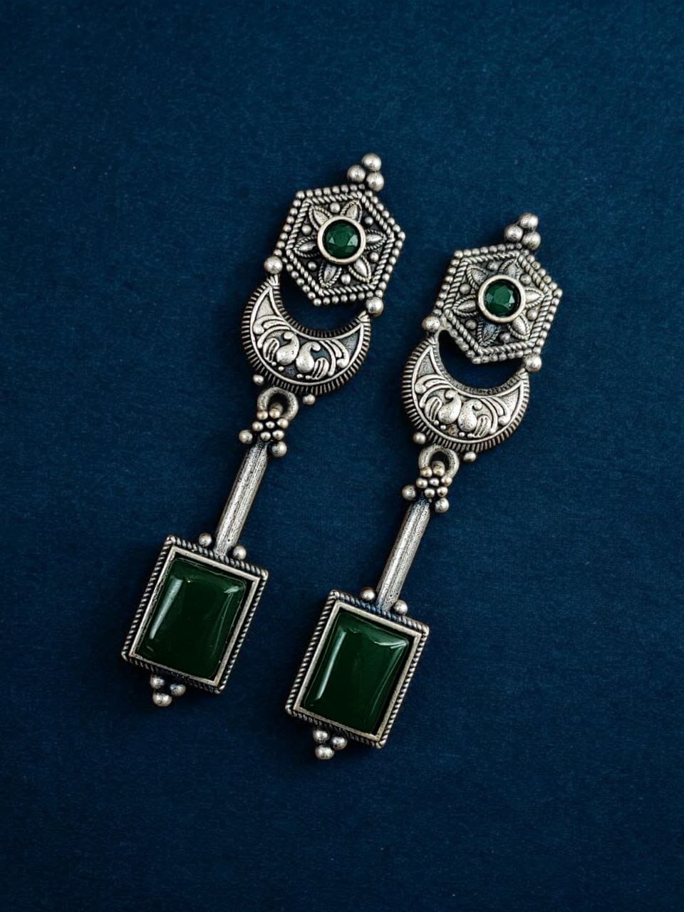 Traditional Silver Replica Earrings | Best Oxidized Dangler Stone Earring - Image 7