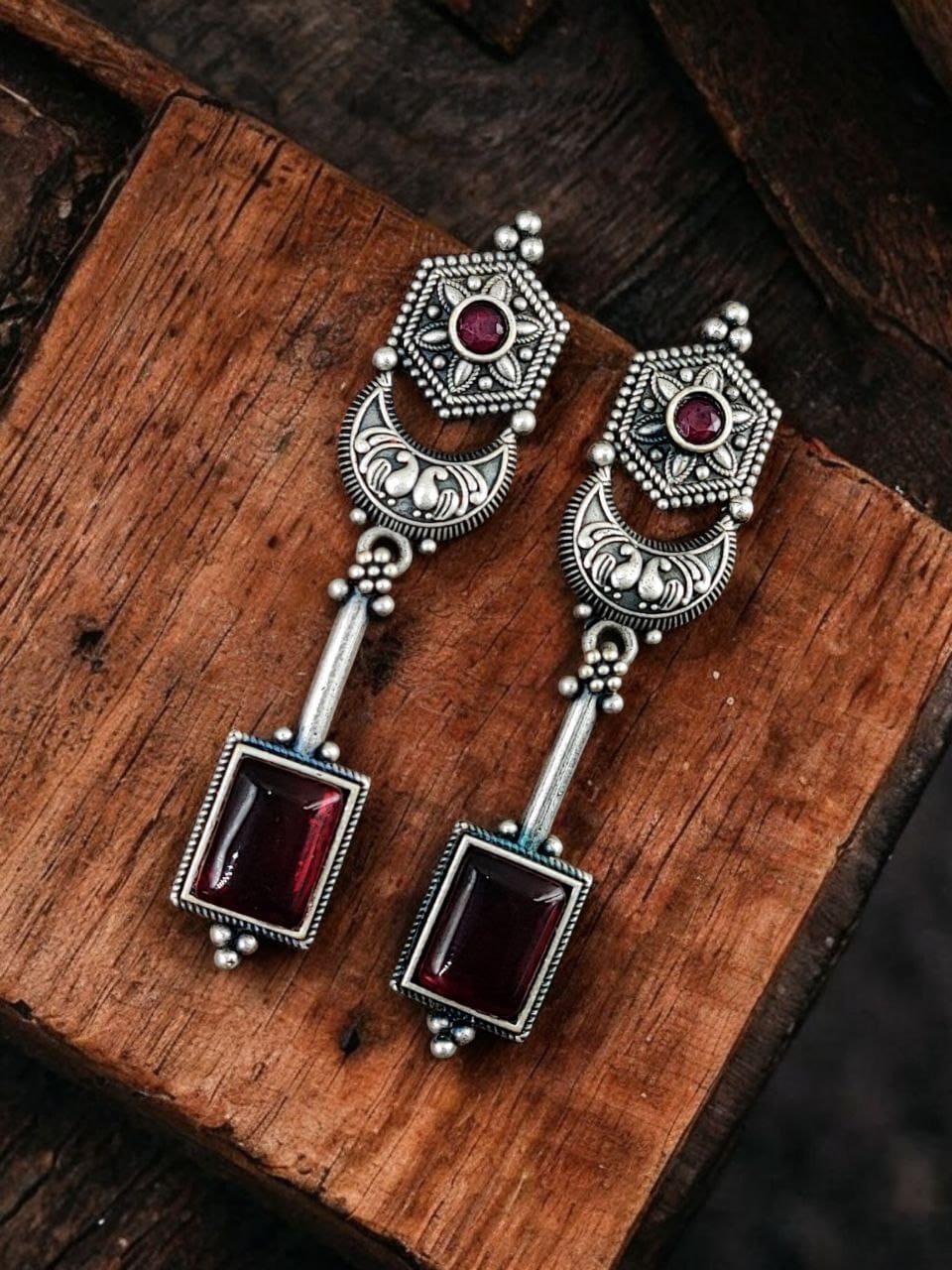 Traditional Silver Replica Earrings | Best Oxidized Dangler Stone Earring