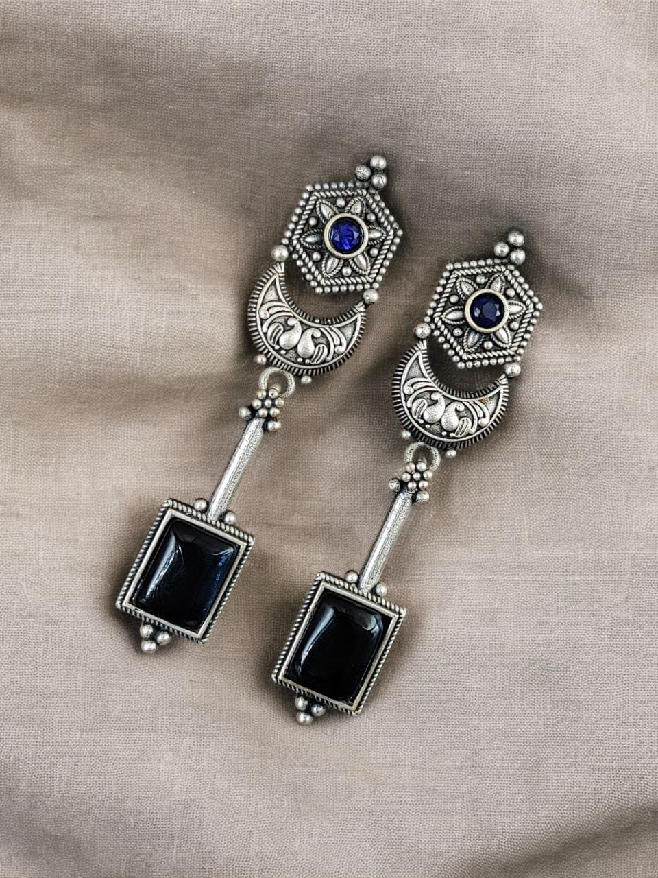 Traditional Silver Replica Earrings | Best Oxidized Dangler Stone Earring - Image 8