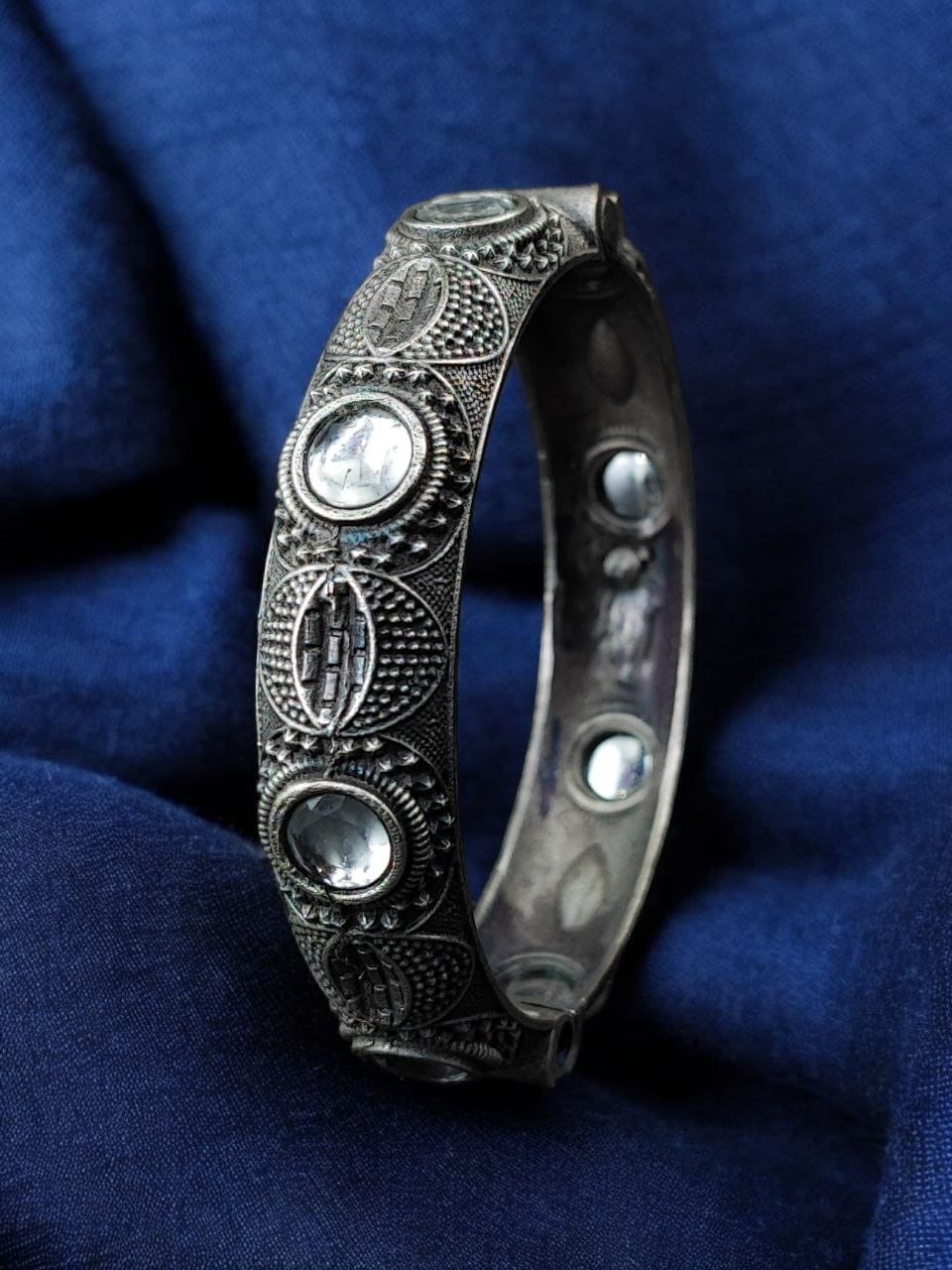 Elegant Silver Bracelet | Oxidized Stone Kada | Best Openable Style Bangle - Image 2