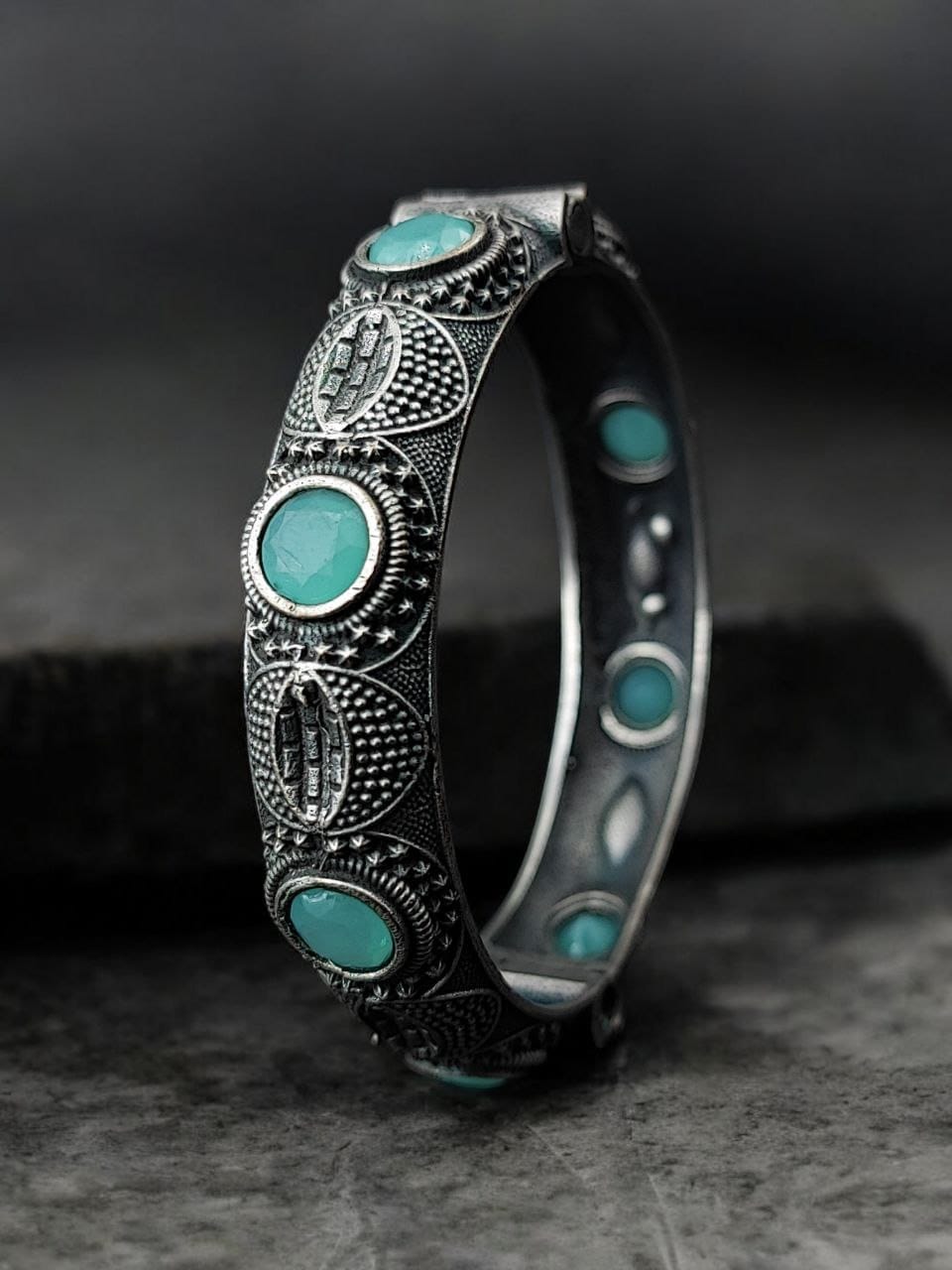 Elegant Silver Bracelet | Oxidized Stone Kada | Best Openable Style Bangle