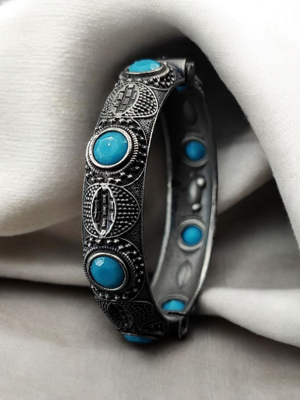 Elegant Silver Bracelet | Oxidized Stone Kada | Best Openable Style Bangle - Image 4