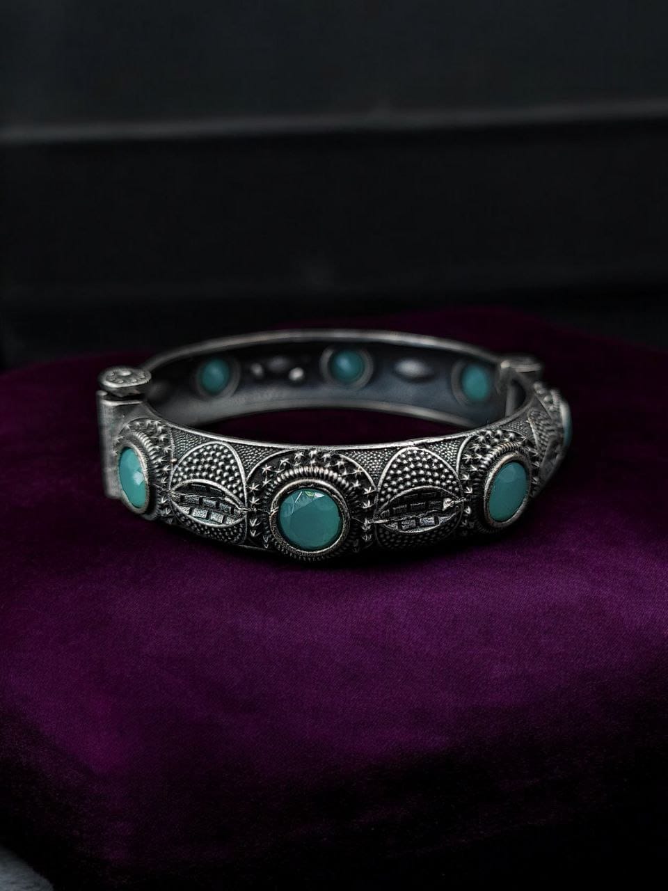 Elegant Silver Bracelet | Oxidized Stone Kada | Best Openable Style Bangle - Image 3