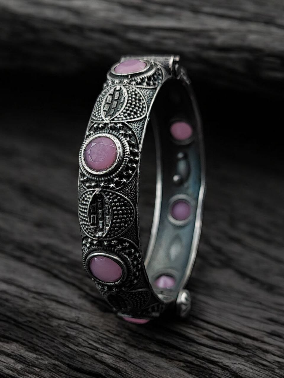 Elegant Silver Bracelet | Oxidized Stone Kada | Best Openable Style Bangle - Image 5