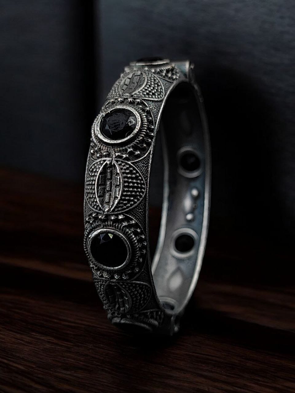 Elegant Silver Bracelet | Oxidized Stone Kada | Best Openable Style Bangle - Image 6