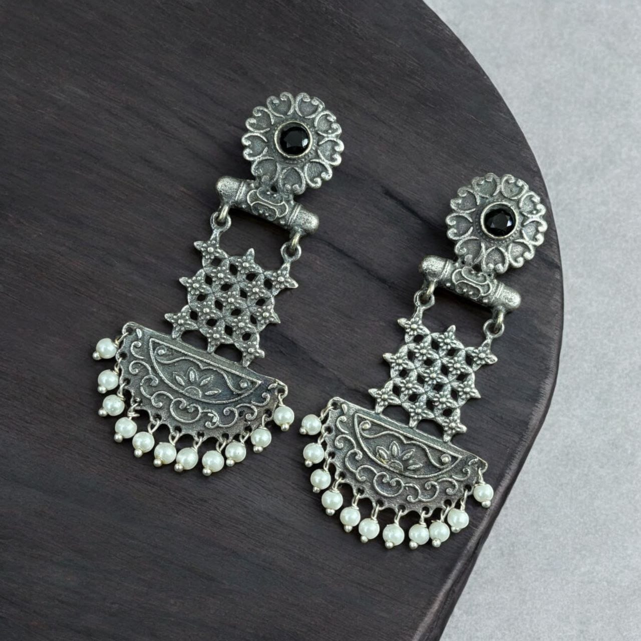 Oxidised Dangler Earrings | Best Silver Replica Antique Finsh Studs - Image 7