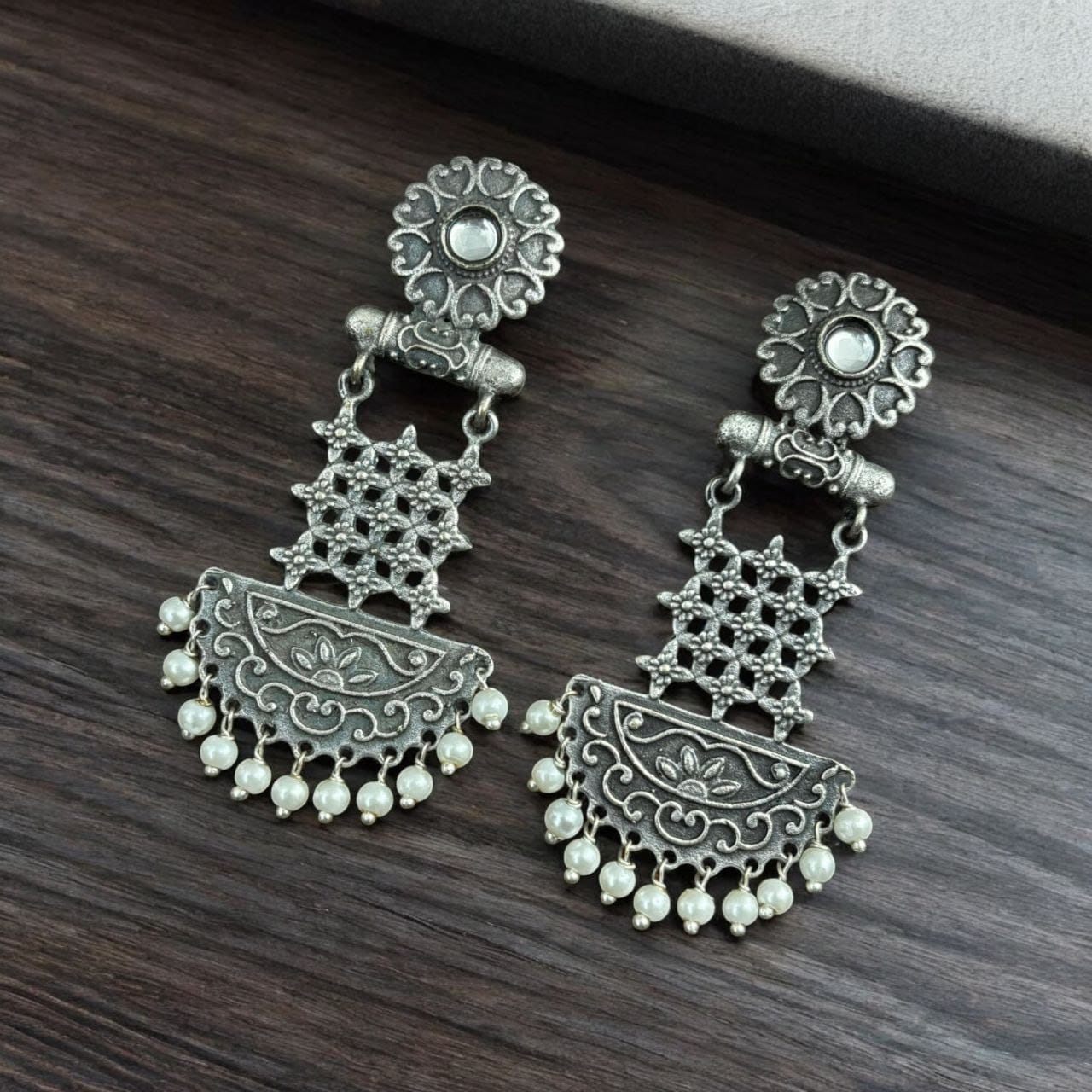 Oxidised Dangler Earrings | Best Silver Replica Antique Finsh Studs - Image 6