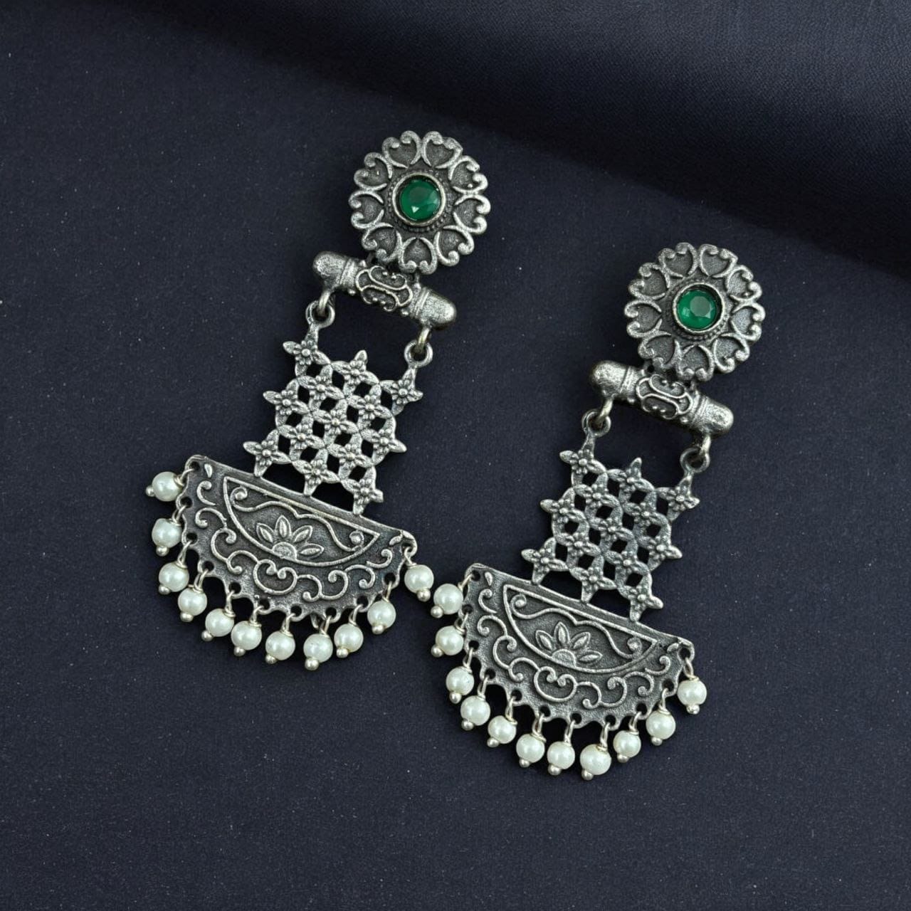 Oxidised Dangler Earrings | Best Silver Replica Antique Finsh Studs - Image 5