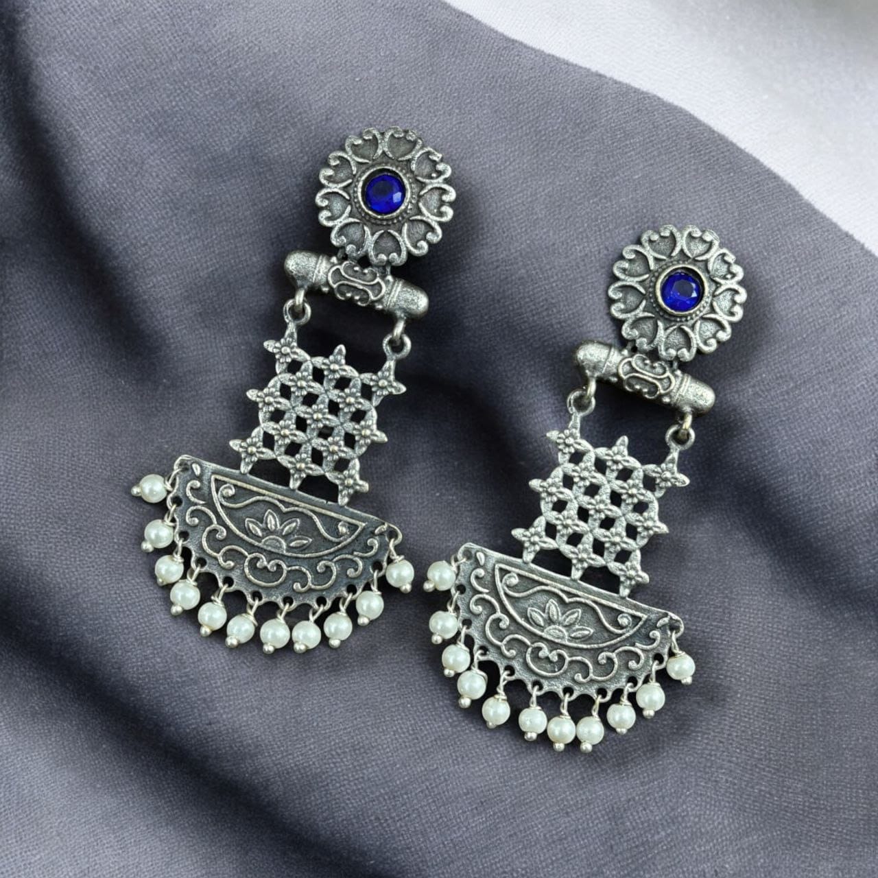 Oxidised Dangler Earrings | Best Silver Replica Antique Finsh Studs - Image 4
