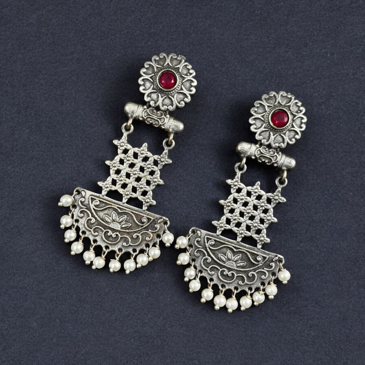 Oxidised Dangler Earrings | Best Silver Replica Antique Finsh Studs - Image 3