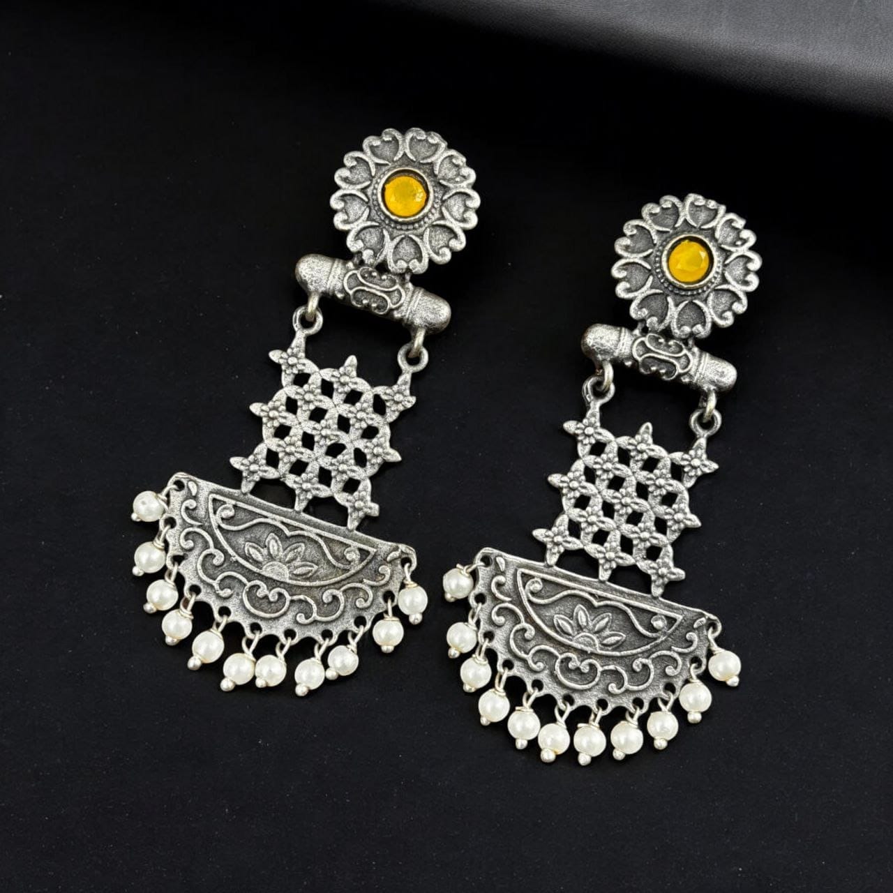 Oxidised Dangler Earrings | Best Silver Replica Antique Finsh Studs - Image 2