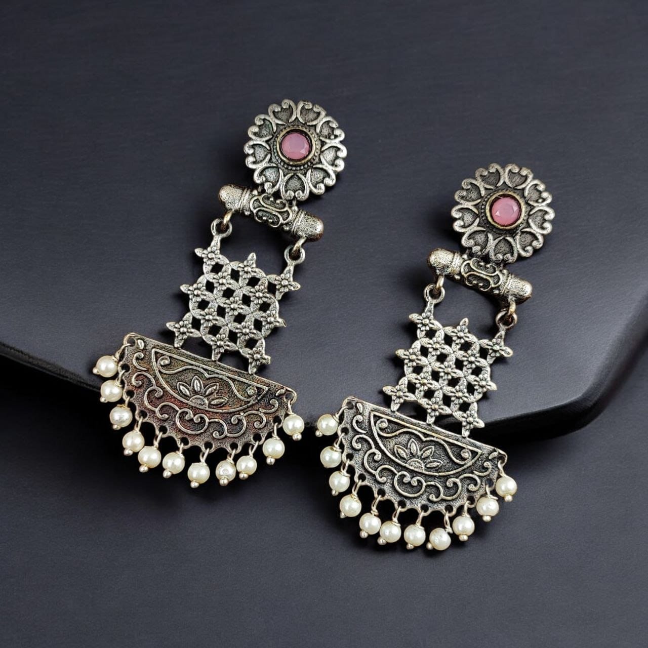 Oxidised Dangler Earrings | Best Silver Replica Antique Finsh Studs - Image 8