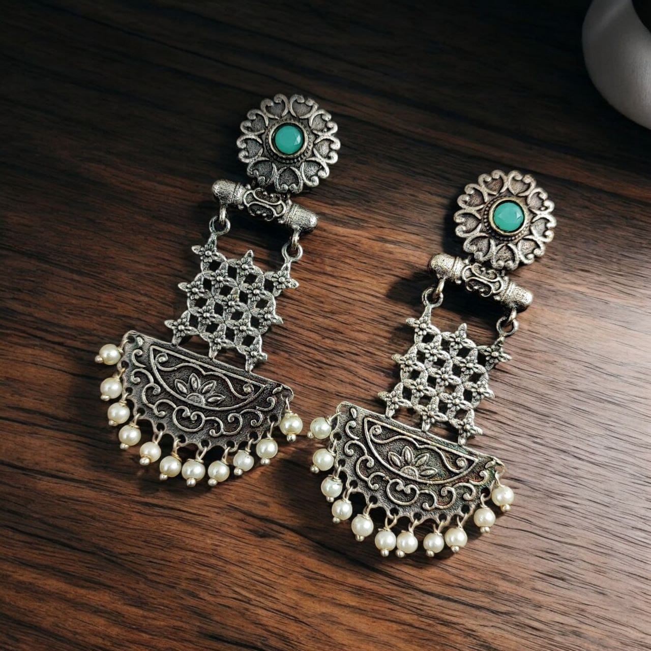 Oxidised Dangler Earrings | Best Silver Replica Antique Finsh Studs - Image 9