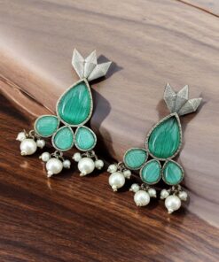 Alternative view of Antique Silver Touch Studs Earrings | Unique Monalisa Stones Jewelry