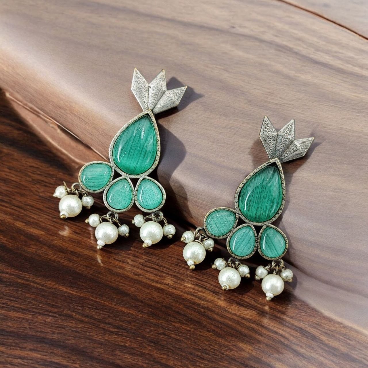 Antique Silver Touch Studs Earrings | Unique Monalisa Stones Jewelry - Image 2