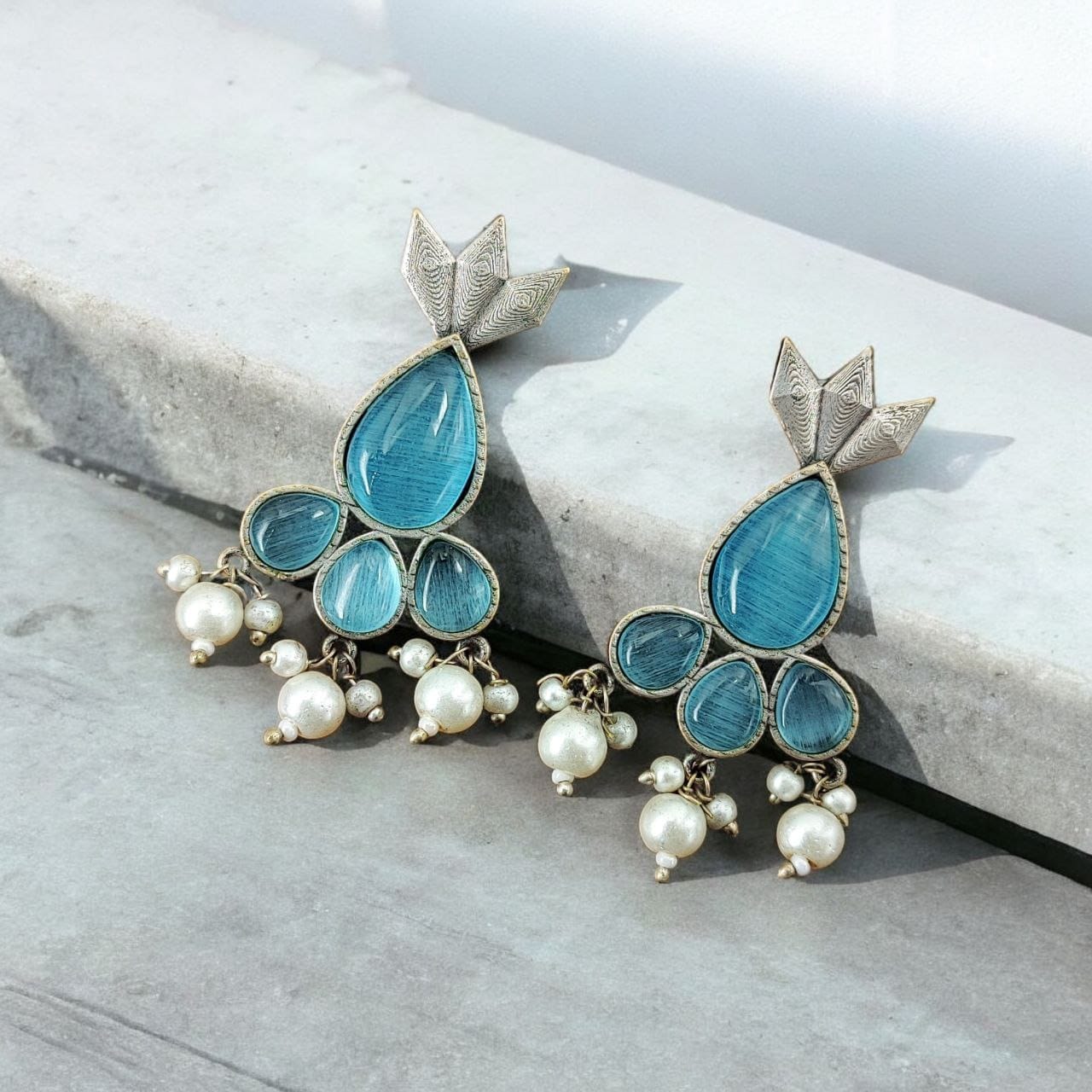 Antique Silver Touch Studs Earrings | Unique Monalisa Stones Jewelry