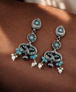 Alternative view of Antique Silver Peacock Earrings | Adorable Oxidized Jhumki Dangler Studs Jewelry