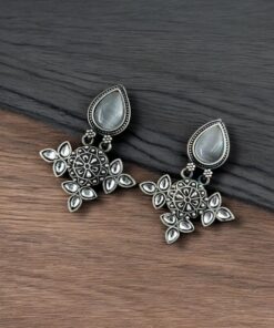 Silver Look-Alike Earrings With Attractive Drop Monalisa Stone Work