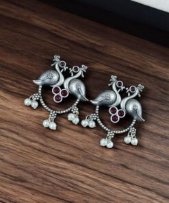 Alternative view of Antique Oxidised Peacock Stud Earrings | Unique Silver Replica Earring