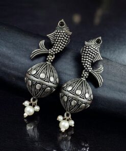 Alternative view of Silver Look a Like Fish Earrings | Designer Best Jhumki | imitation Oxidised Fish Jhumkas