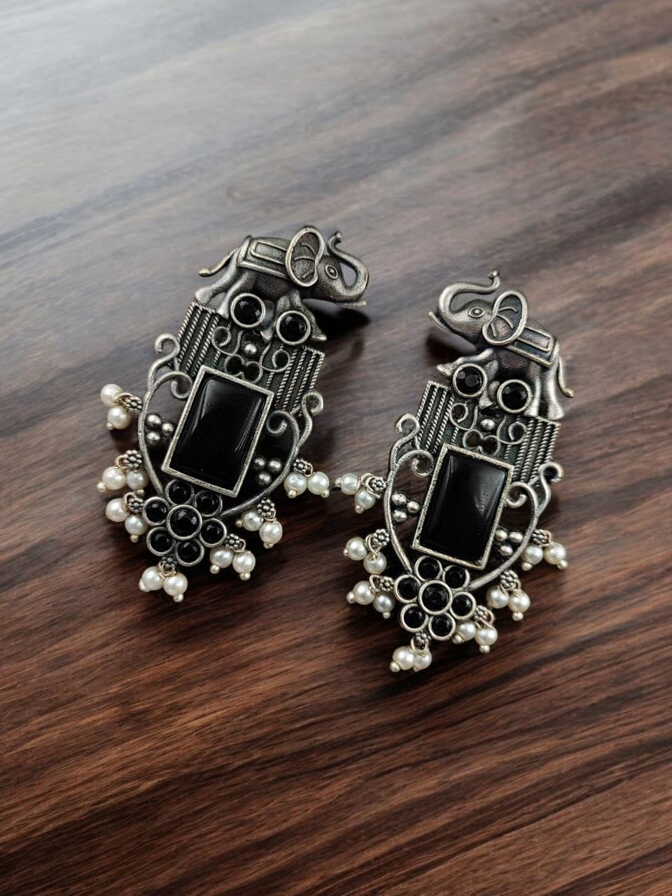 Antique Silver Plated Elephant Design Earrings | Best Traditional Indian Stone Stud Jewelry - Image 4