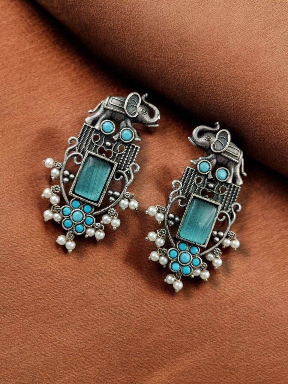 Antique Silver Plated Elephant Design Earrings | Best Traditional Indian Stone Stud Jewelry - Image 5