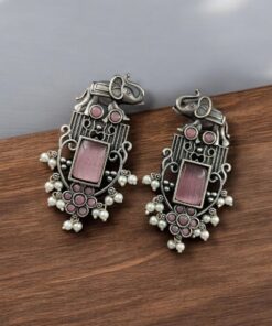 Antique Silver Plated Elephant Design Earrings | Best Traditional Indian Stone Stud Jewelry