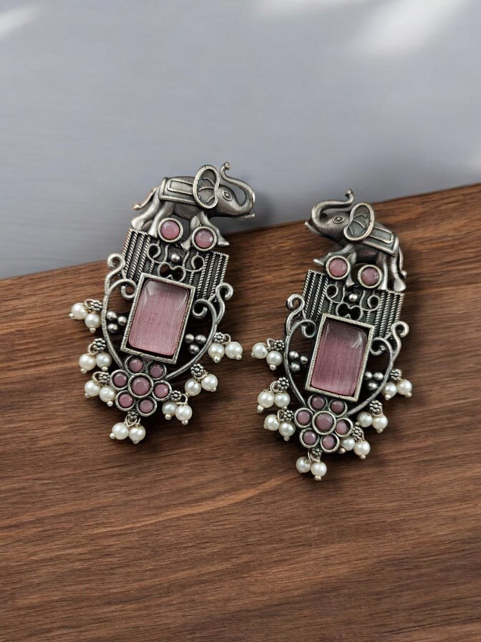 Antique Silver Plated Elephant Design Earrings | Best Traditional Indian Stone Stud Jewelry