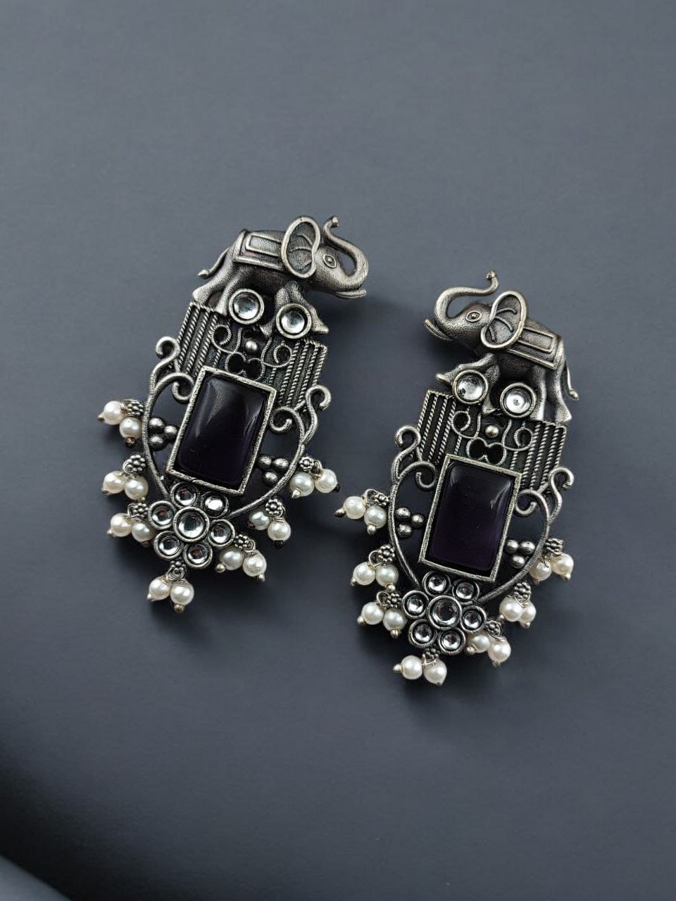 Antique Silver Plated Elephant Design Earrings | Best Traditional Indian Stone Stud Jewelry - Image 8