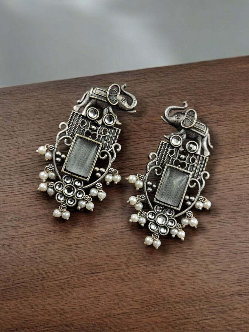 Antique Silver Plated Elephant Design Earrings | Best Traditional Indian Stone Stud Jewelry - Image 9
