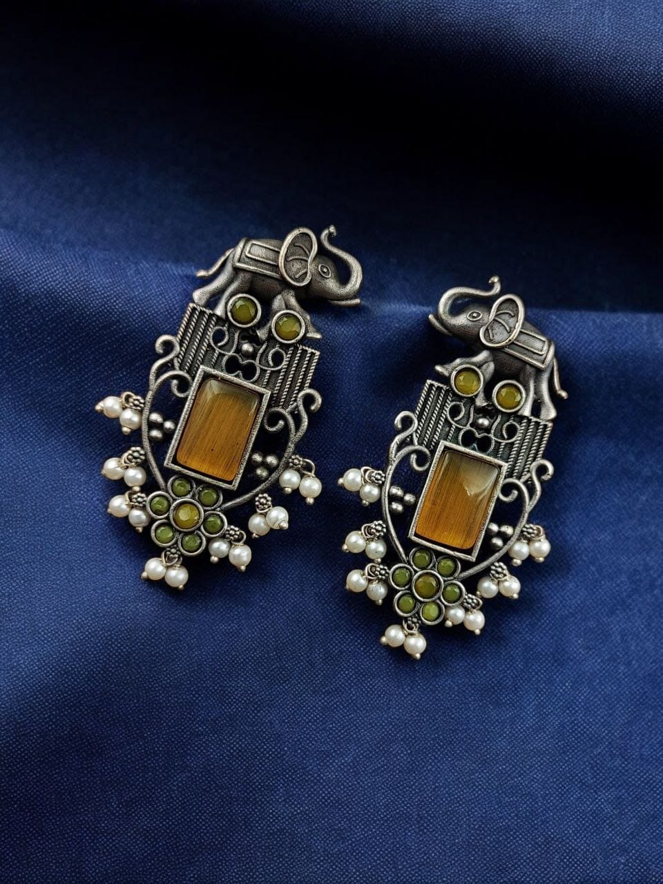 Antique Silver Plated Elephant Design Earrings | Best Traditional Indian Stone Stud Jewelry - Image 10