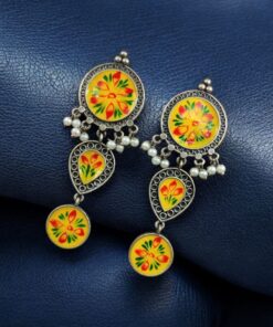 Traditional Indian Art Painting Earrings | Best Hand-Paint Oxidized Silver Replica Earring
