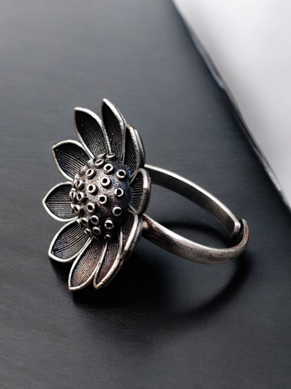 Oxidised Silver Look aLike Flower Design Ring | Best Antique Designer Rings For Girls - Image 2