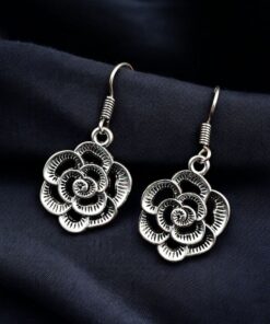 German Silver Flower Design Earrings | Unique Oxidized Hook Style Jewelry