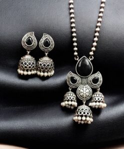 Alternative view of Silver Look alike Jhumka Style Necklace | Unique Oxidized Stone Work Jhumkis Jewelry Set