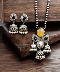 Silver Look alike Jhumka Style Necklace | Unique Oxidized Stone Work Jhumkis Jewelry Set