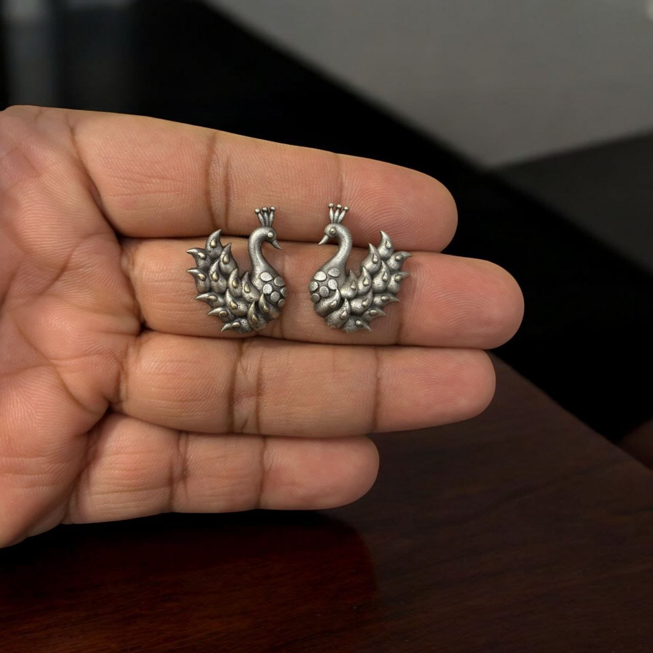 Oxidised Bird Stud Earrings | Antique Silver Look alike Best Sparrow Studs For Girls - Image 2