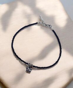 Elegant Flower Charm Anklet with Silver and Perfect Black Glass Beads