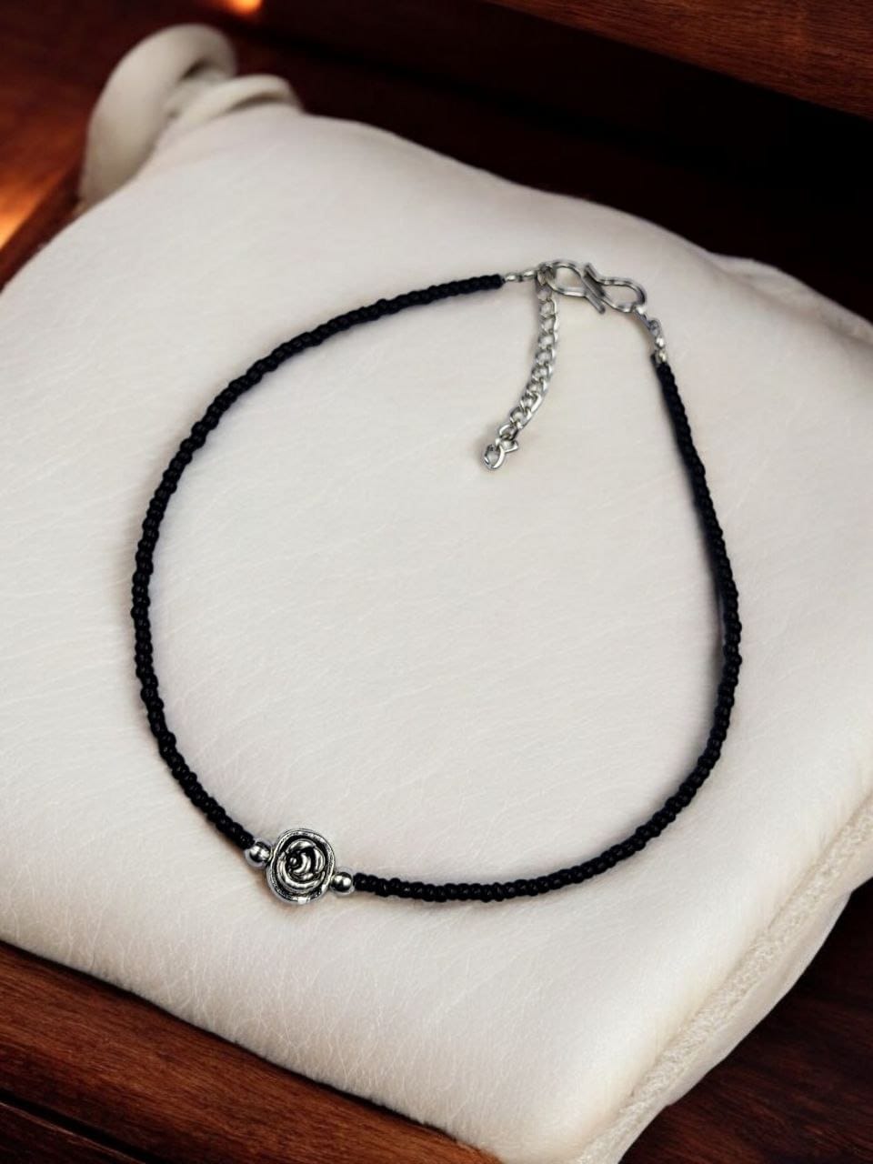 Elegant Black Beads Flower Anklet in Best Silver Replica Design